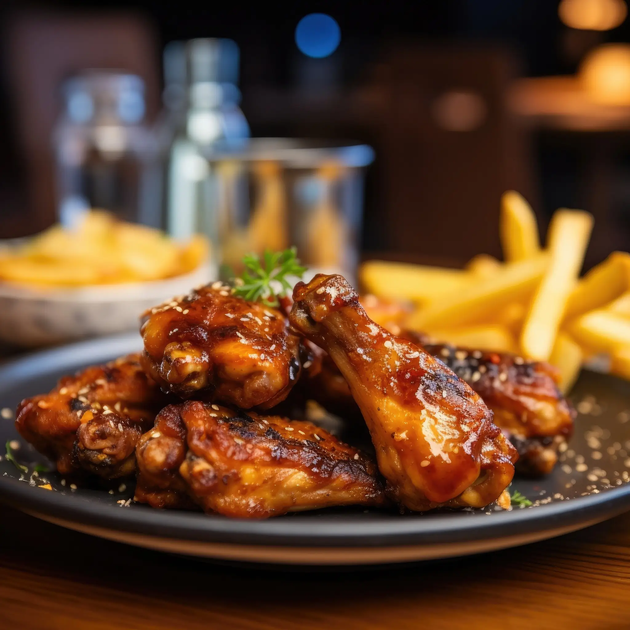 grilled chicken wings with a portion of french fries blurred restaurant in the background